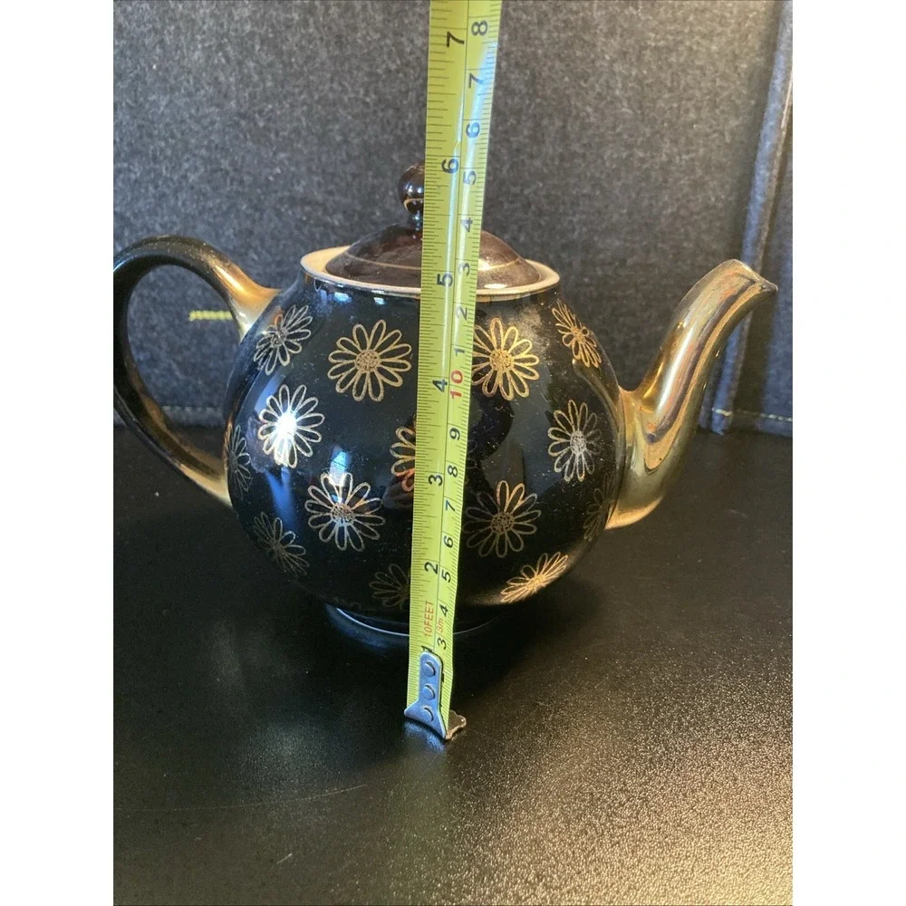 Vintage Hall 050 China- Black W Gold Flowers & Lid- 6 Cup Teapot- Made In USA 🫖